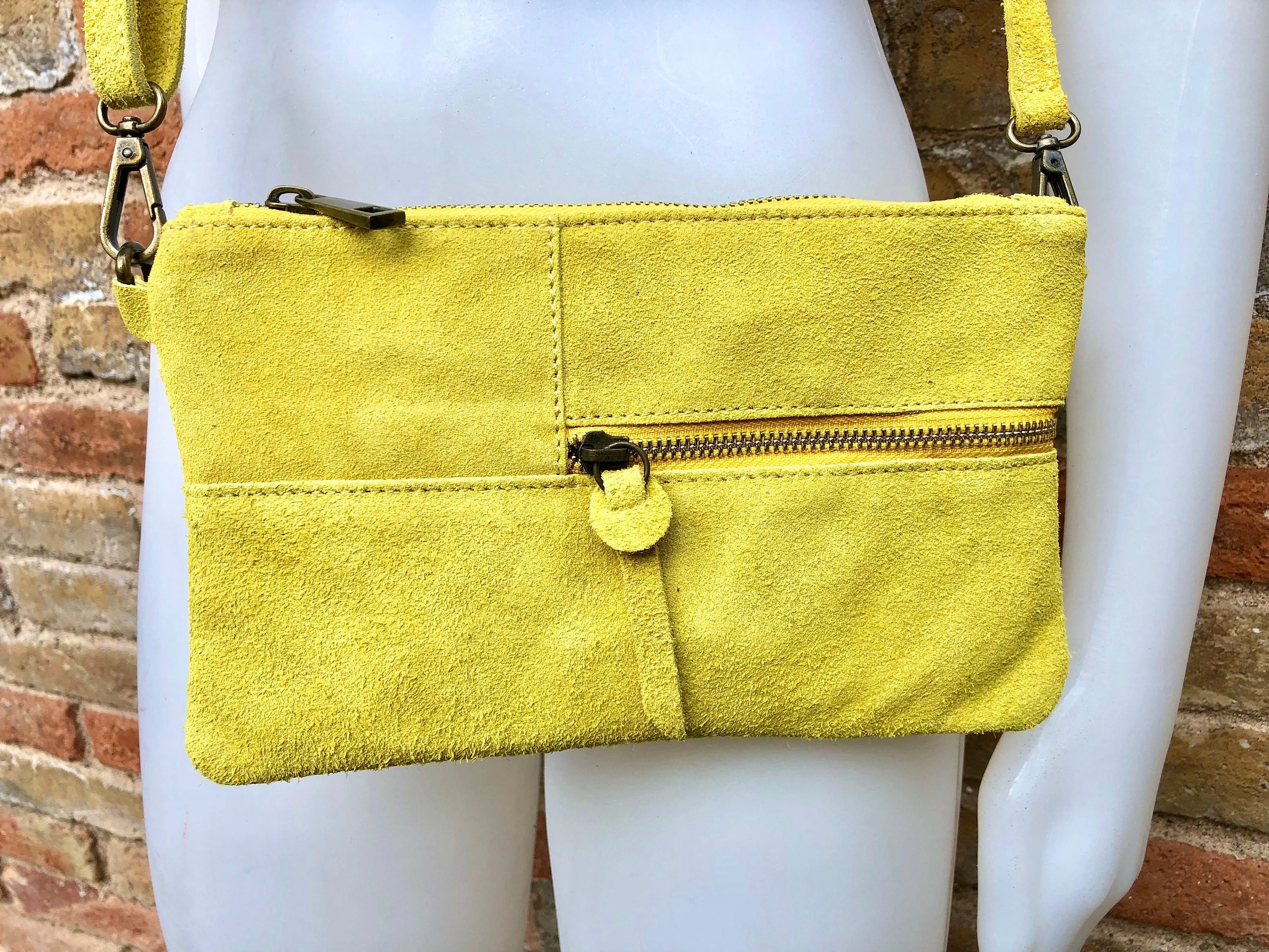 Small YELLOW suede bag. Cross body or shoulder bag in GENUINE suede  leather with adjustable strap and zipper. Boho yellow suede purse.