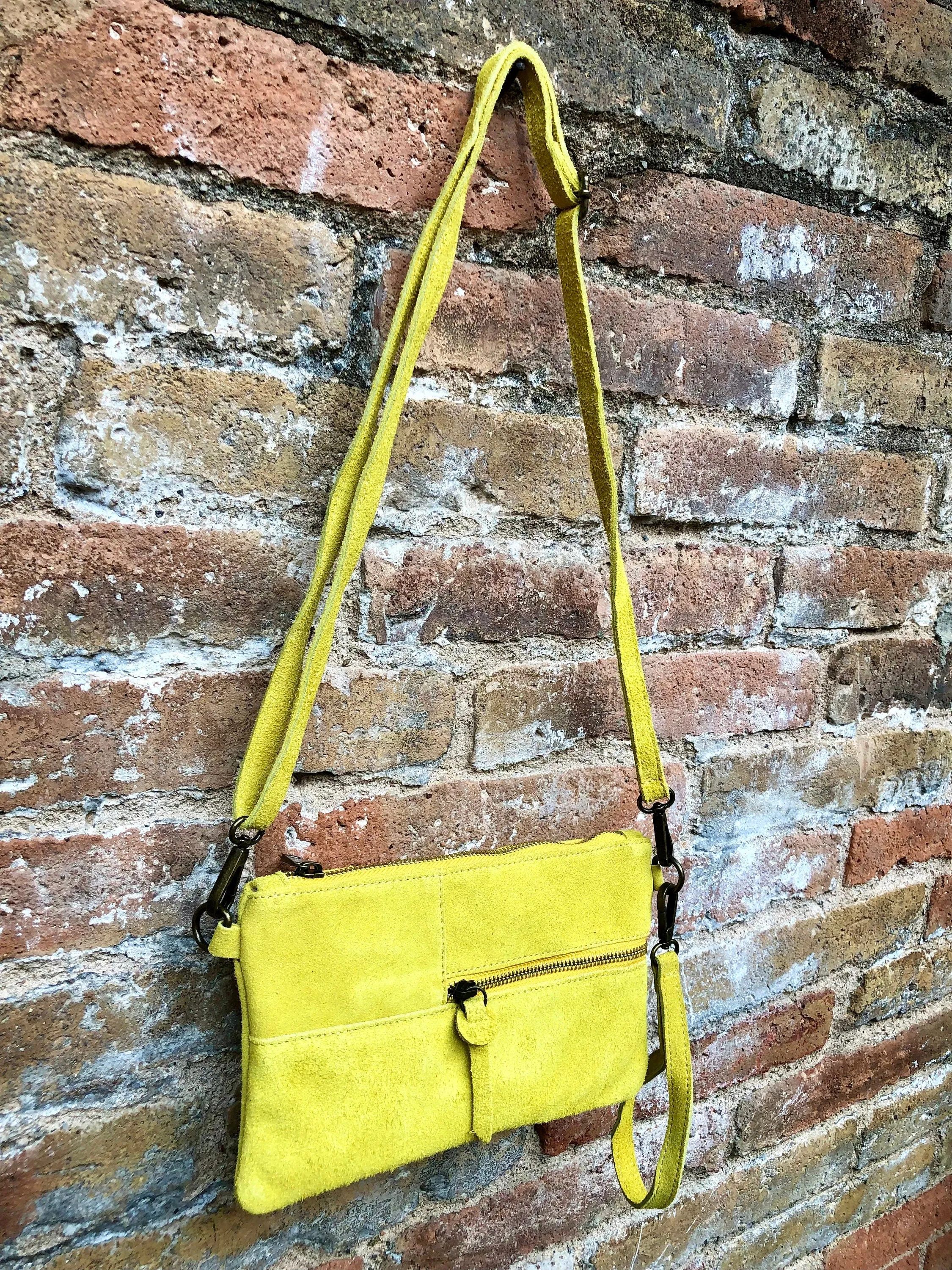 Small YELLOW suede bag. Cross body or shoulder bag in GENUINE suede  leather with adjustable strap and zipper. Boho yellow suede purse.
