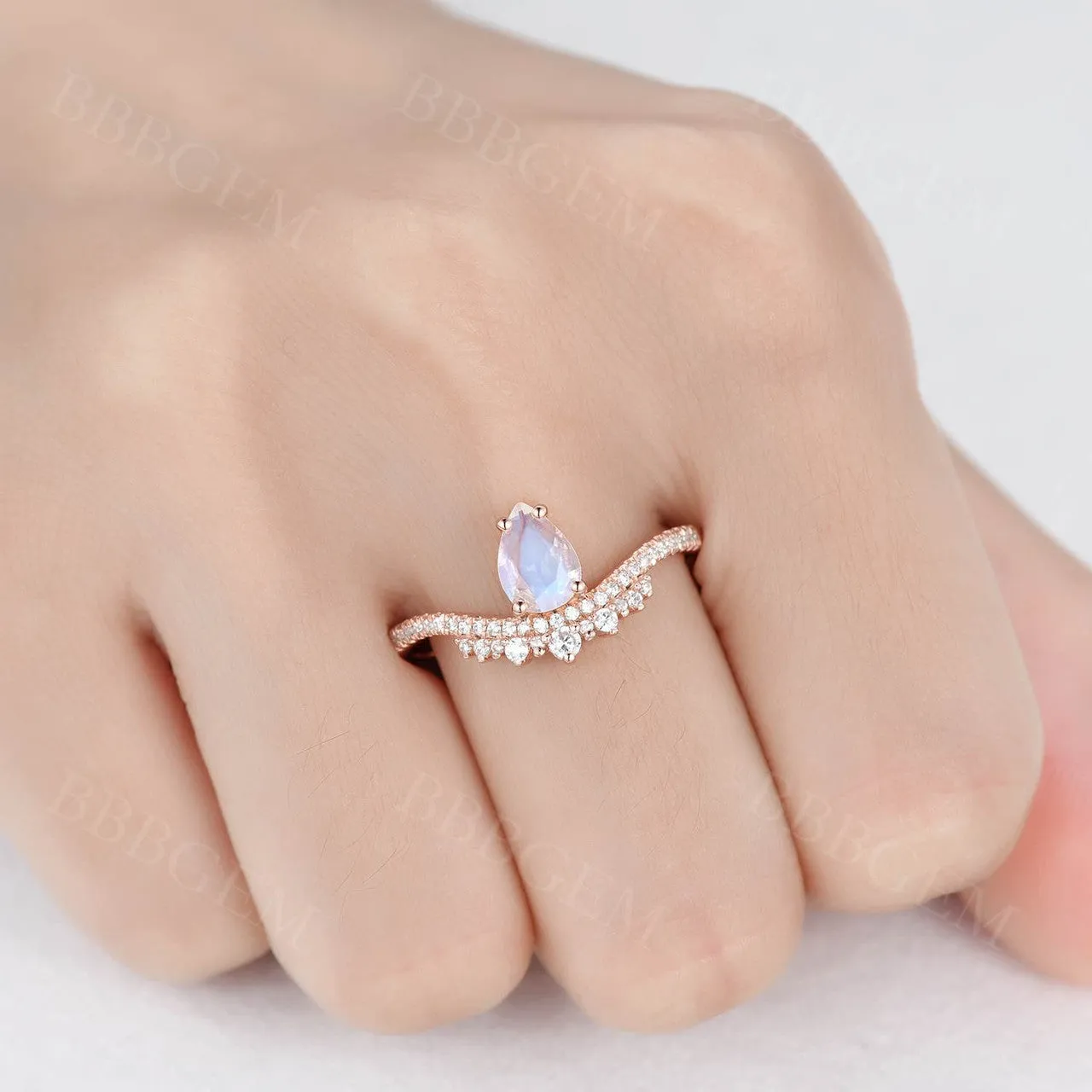 Solitaire Retro Silver Moonstone Engagement Ring Unique Rose Gold CZ Diamond Art Deco
