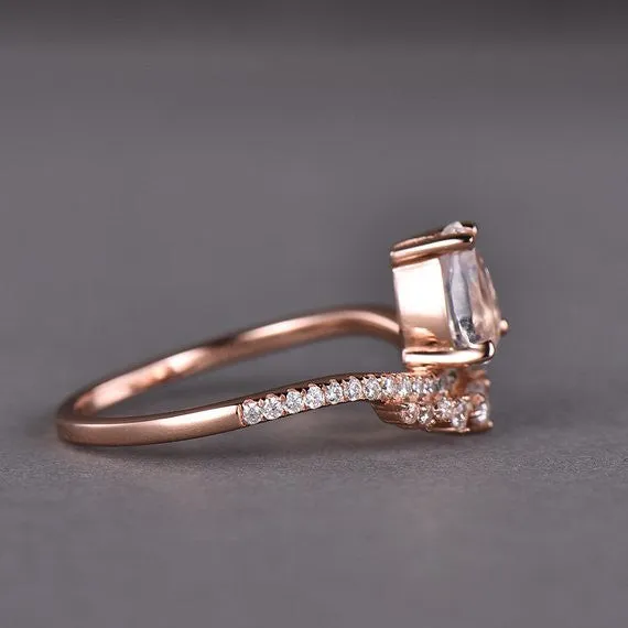 Solitaire Retro Silver Moonstone Engagement Ring Unique Rose Gold CZ Diamond Art Deco