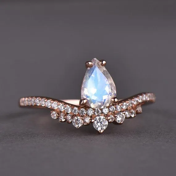 Solitaire Retro Silver Moonstone Engagement Ring Unique Rose Gold CZ Diamond Art Deco