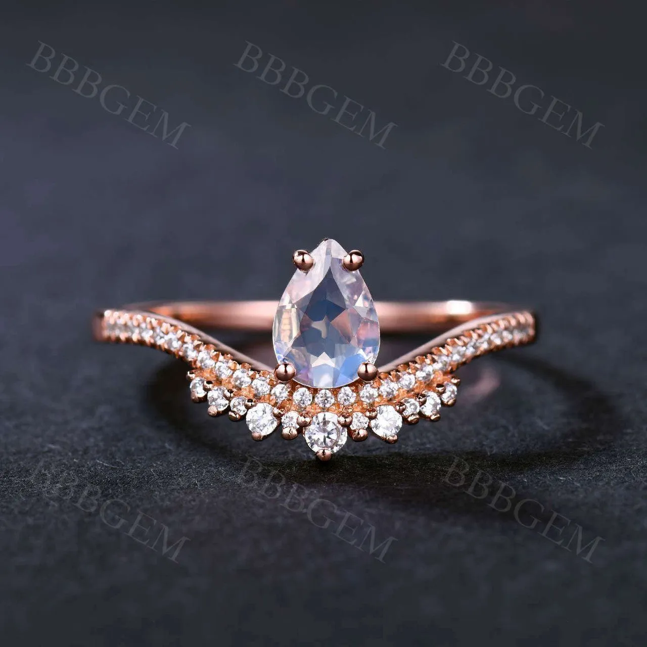 Solitaire Retro Silver Moonstone Engagement Ring Unique Rose Gold CZ Diamond Art Deco