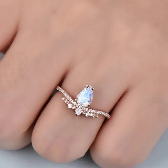 Solitaire Retro Silver Moonstone Engagement Ring Unique Rose Gold CZ Diamond Art Deco