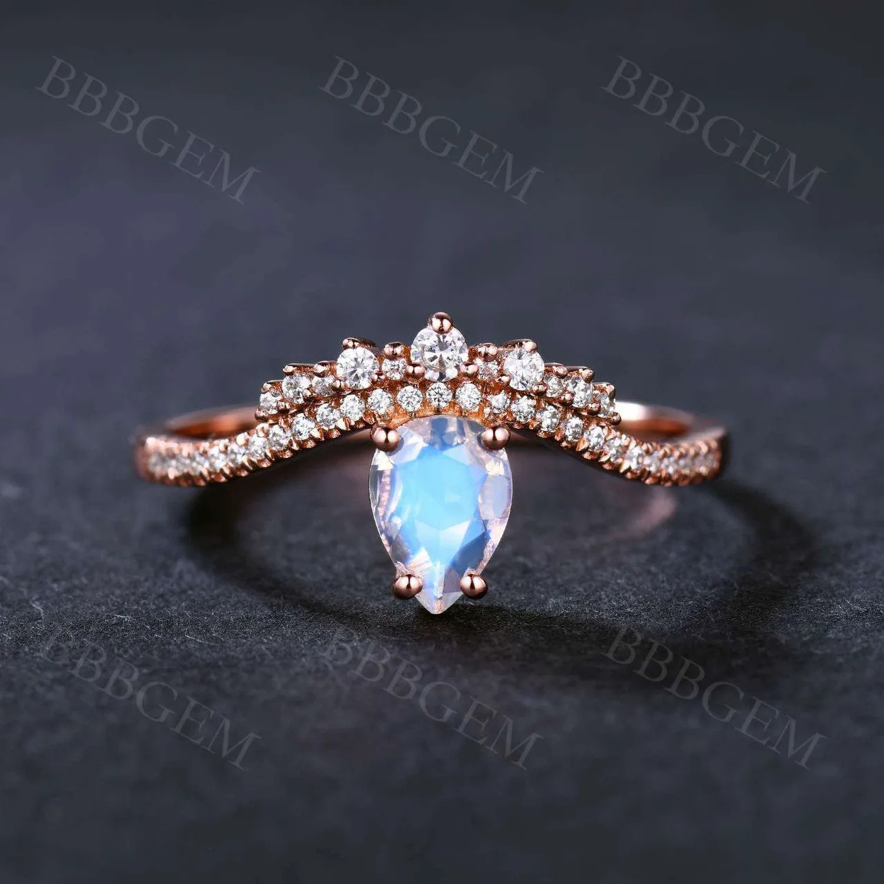 Solitaire Retro Silver Moonstone Engagement Ring Unique Rose Gold CZ Diamond Art Deco