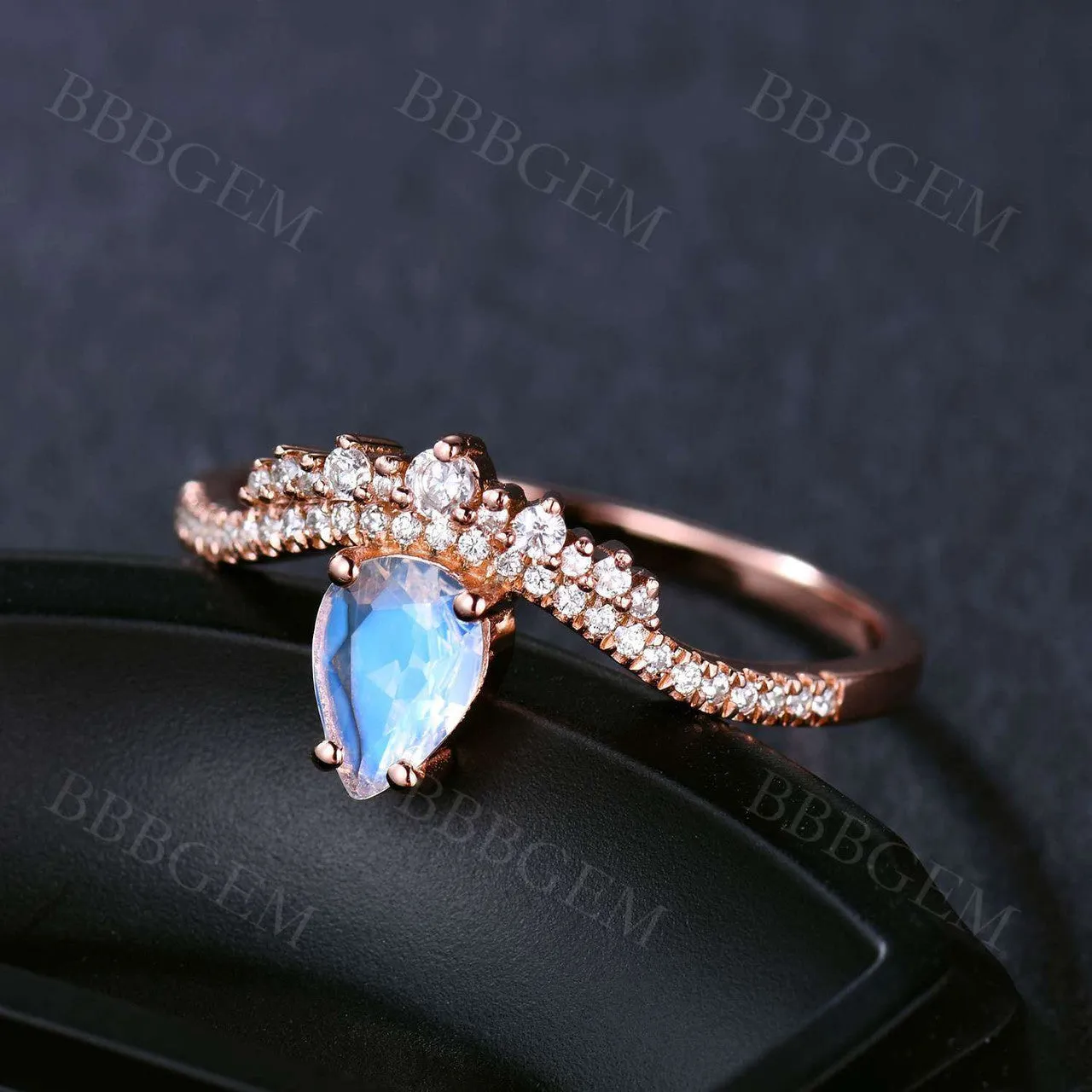 Solitaire Retro Silver Moonstone Engagement Ring Unique Rose Gold CZ Diamond Art Deco