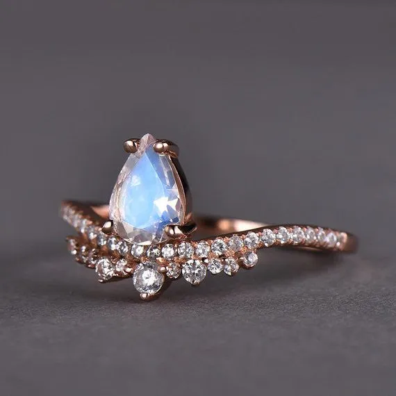 Solitaire Retro Silver Moonstone Engagement Ring Unique Rose Gold CZ Diamond Art Deco