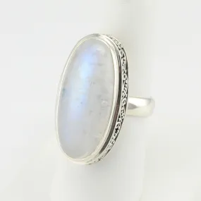 Sterling Silver Moonstone Long Oval Bali Ring Size 6.5