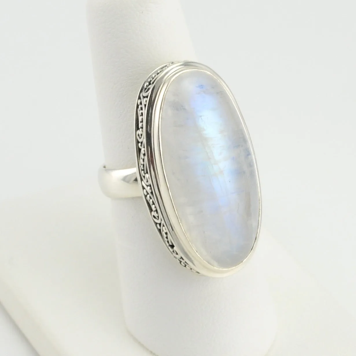 Sterling Silver Moonstone Long Oval Bali Ring Size 6.5