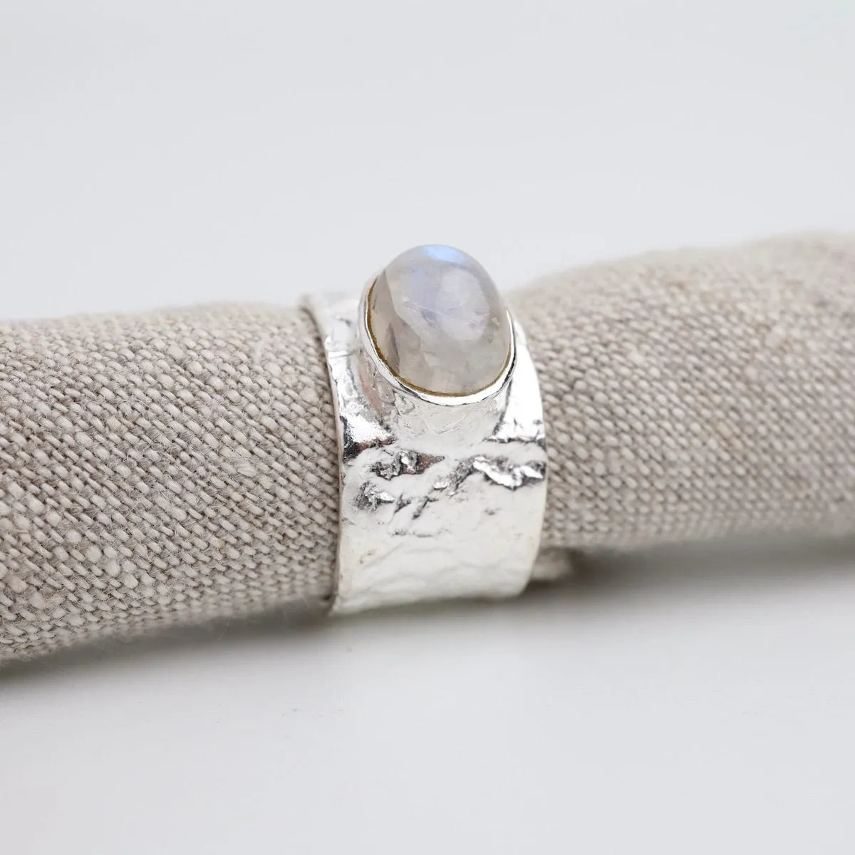 Sterling Silver Wide Hammered Band with Rainbow Moonstone