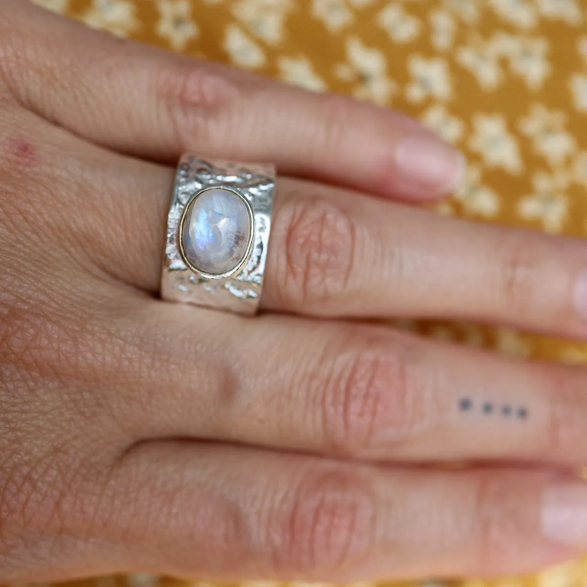 Sterling Silver Wide Hammered Band with Rainbow Moonstone