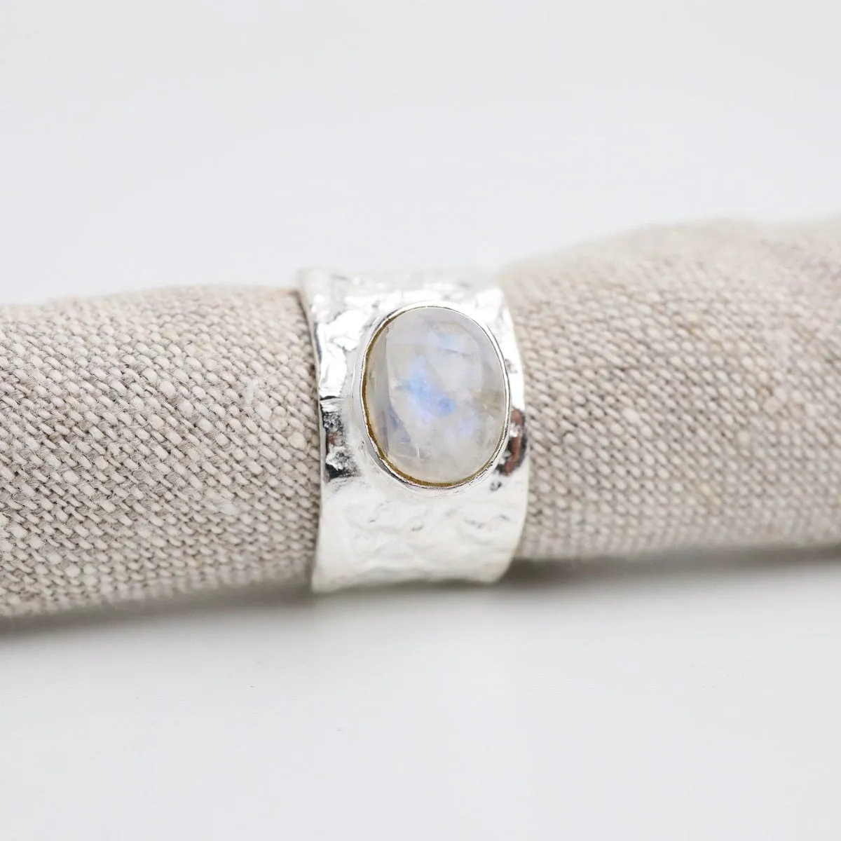 Sterling Silver Wide Hammered Band with Rainbow Moonstone