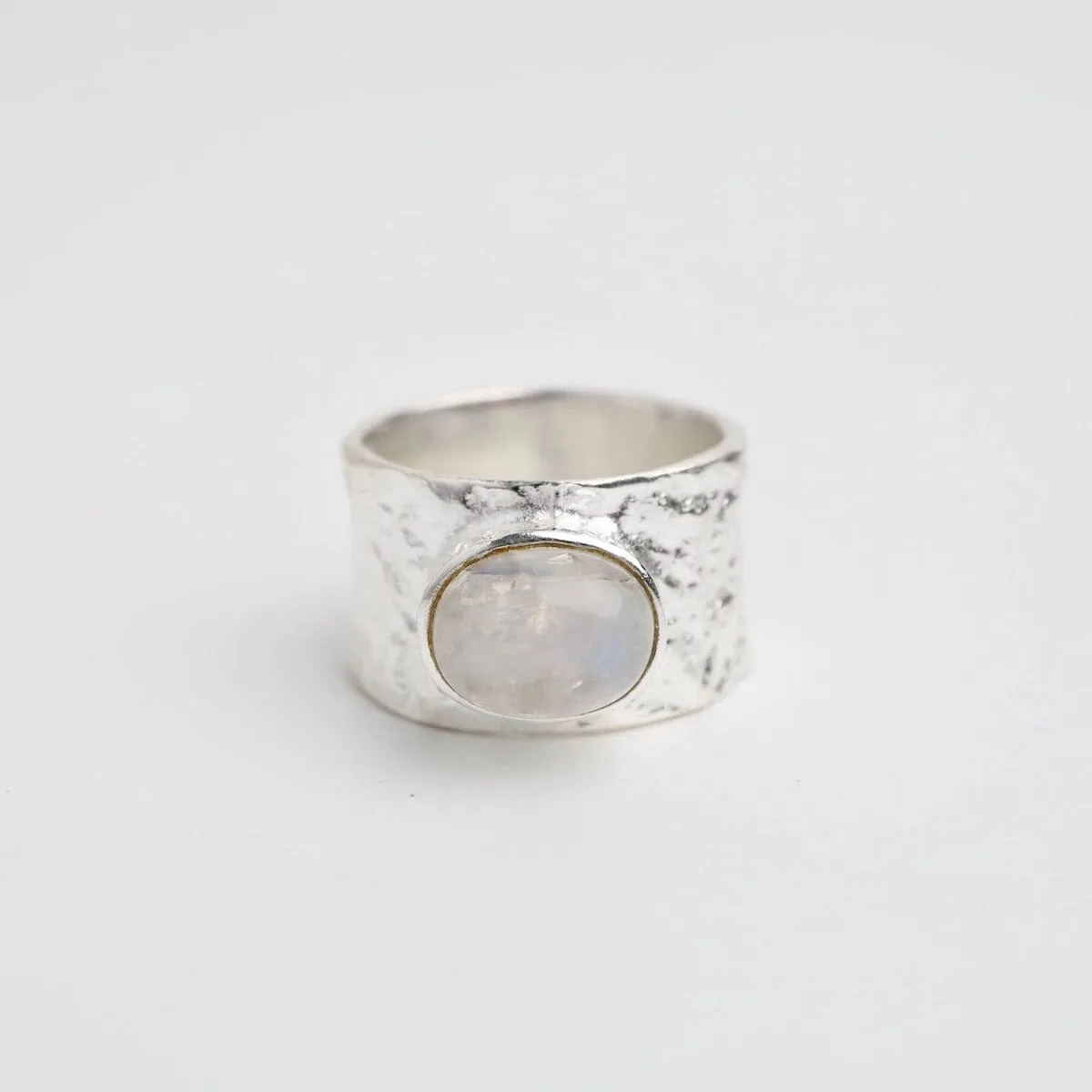 Sterling Silver Wide Hammered Band with Rainbow Moonstone
