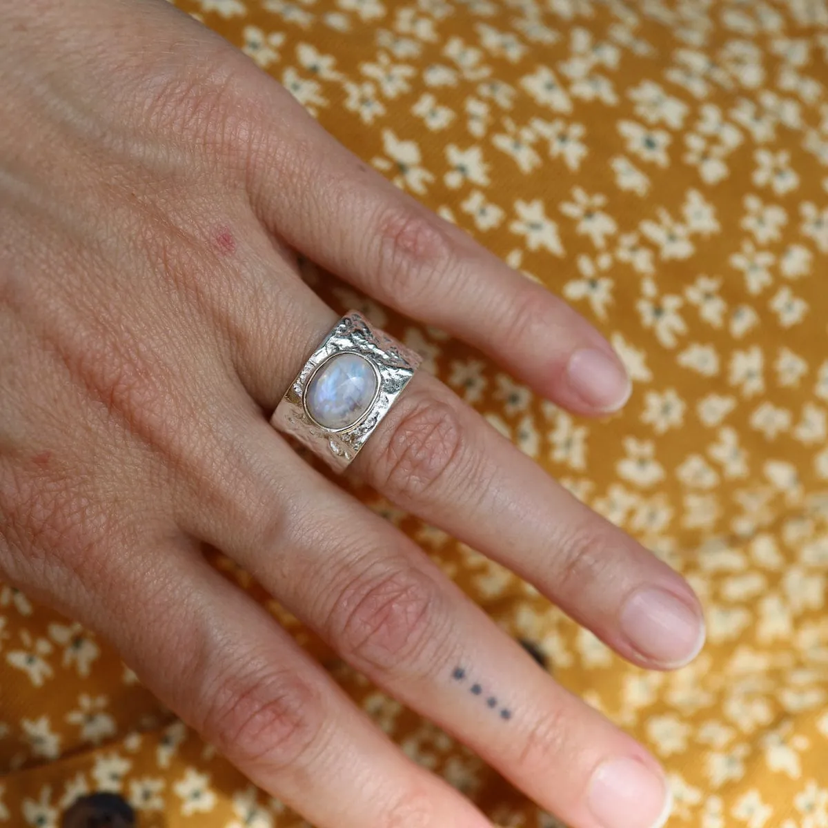 Sterling Silver Wide Hammered Band with Rainbow Moonstone