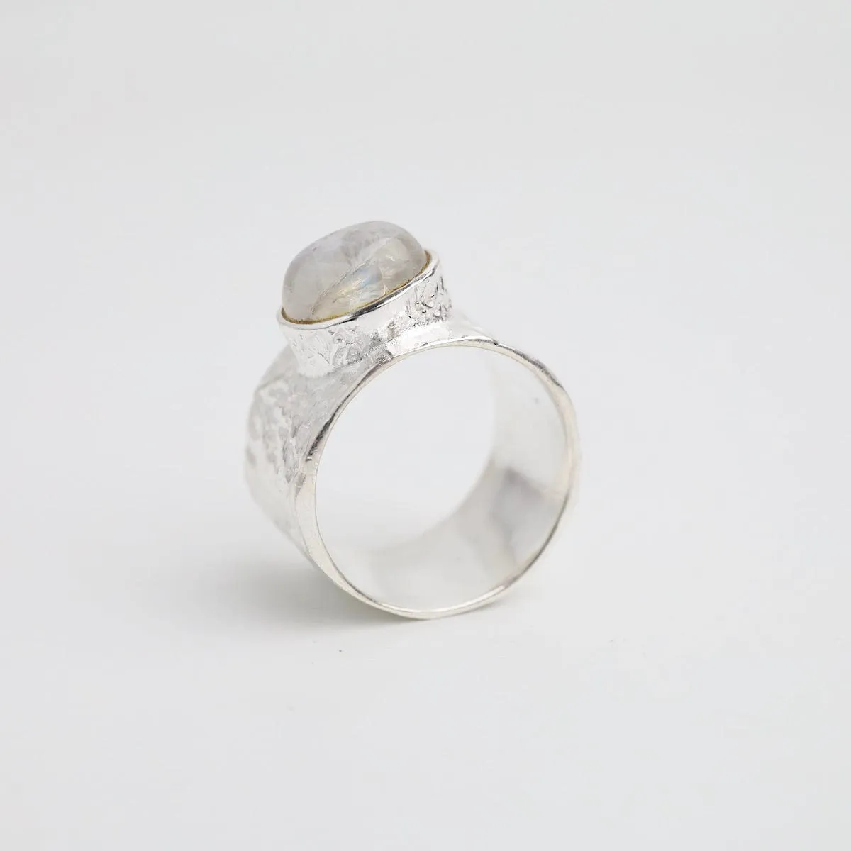 Sterling Silver Wide Hammered Band with Rainbow Moonstone