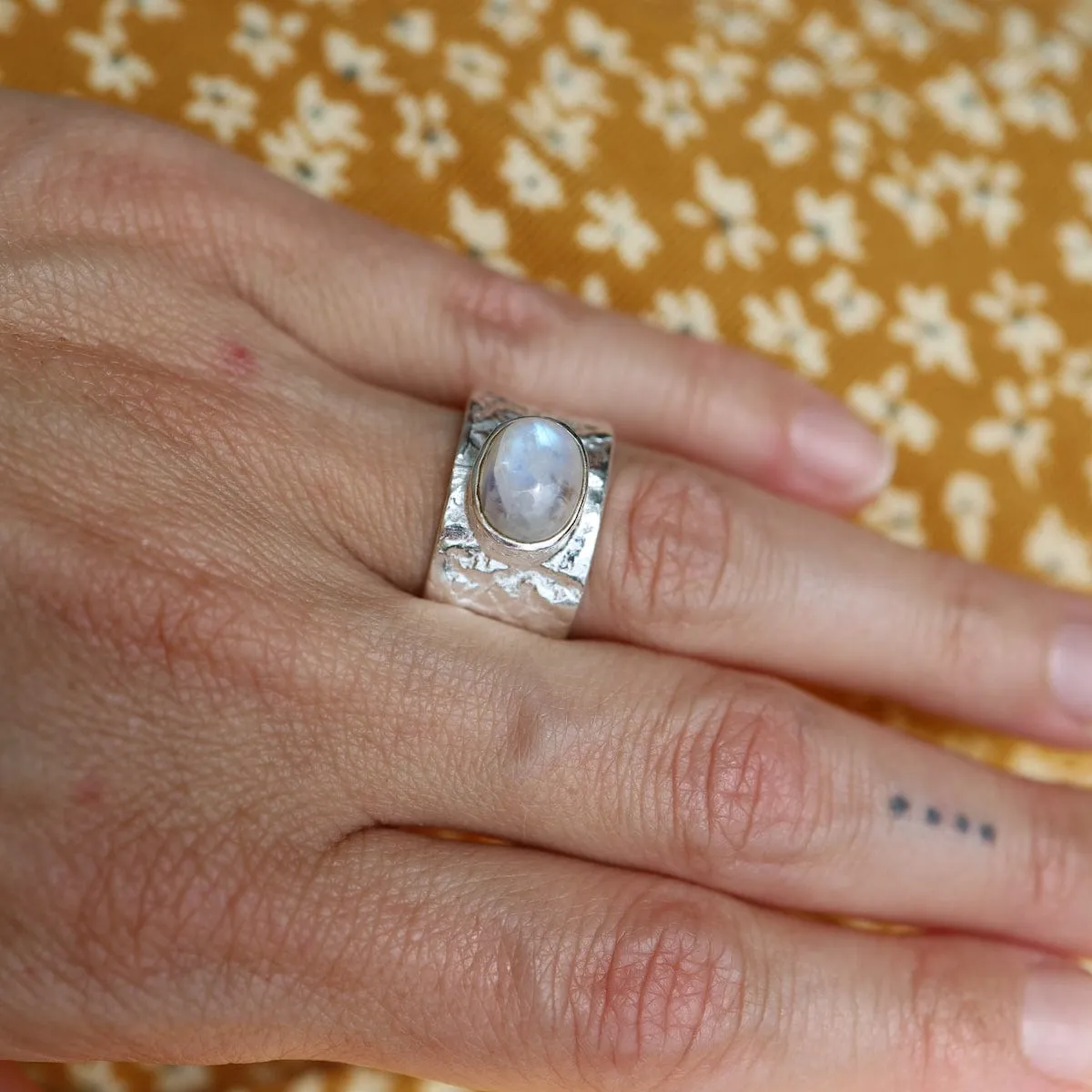 Sterling Silver Wide Hammered Band with Rainbow Moonstone