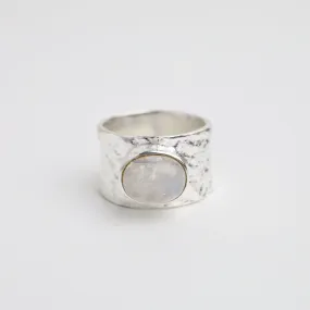 Sterling Silver Wide Hammered Band with Rainbow Moonstone