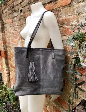 TOTE leather bag in GRAY . Genuine soft  natural suede. Grey genuine leather SHOPPER bag. Laptop bag, book or tablet bag in soft suede.