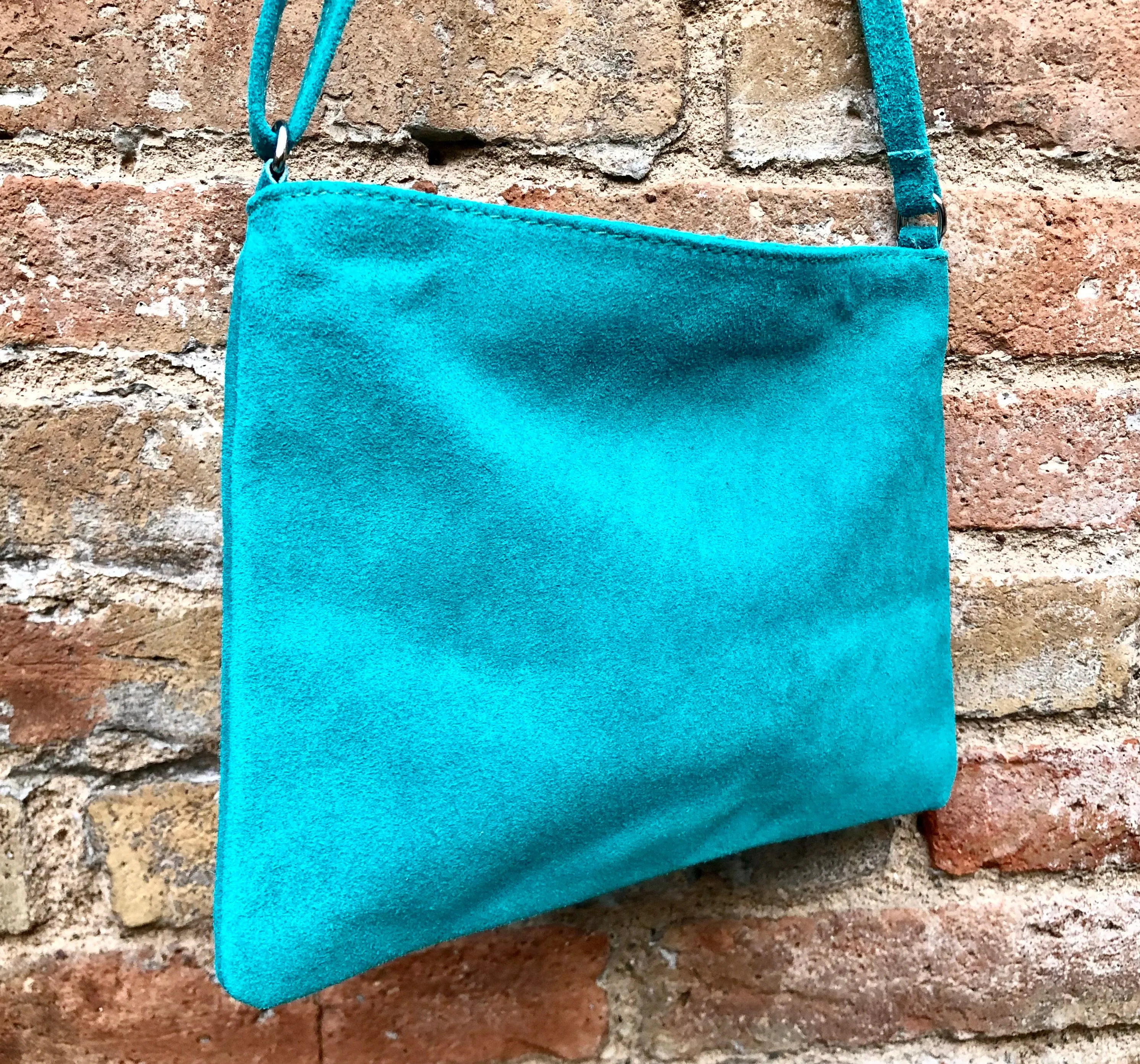 TURQUOISE suede leather bag. GENUINE  leather small crossbody / shoulder bag.Adjustable strap and zipper. Turquoise blue purse with tassel.