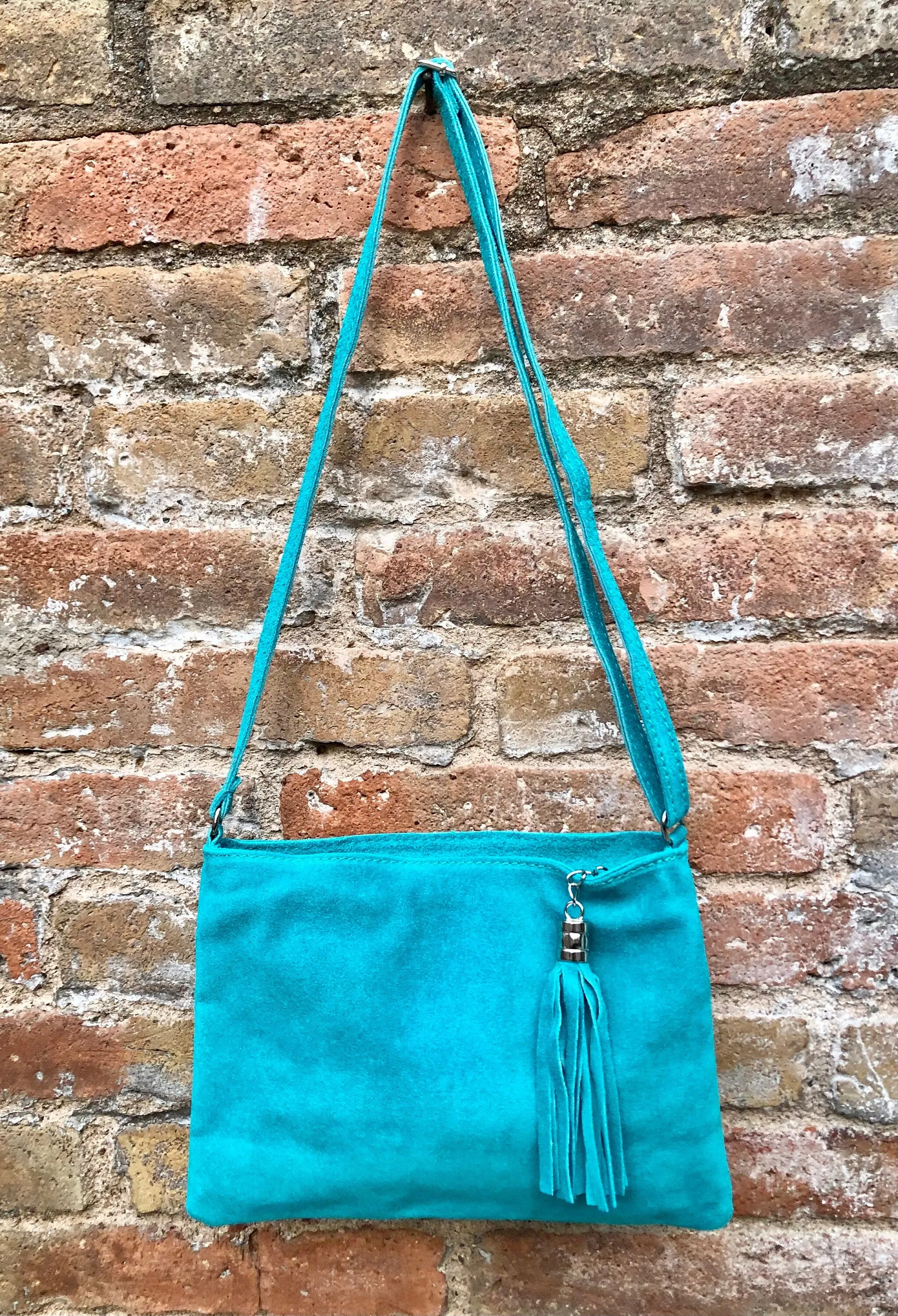 TURQUOISE suede leather bag. GENUINE  leather small crossbody / shoulder bag.Adjustable strap and zipper. Turquoise blue purse with tassel.