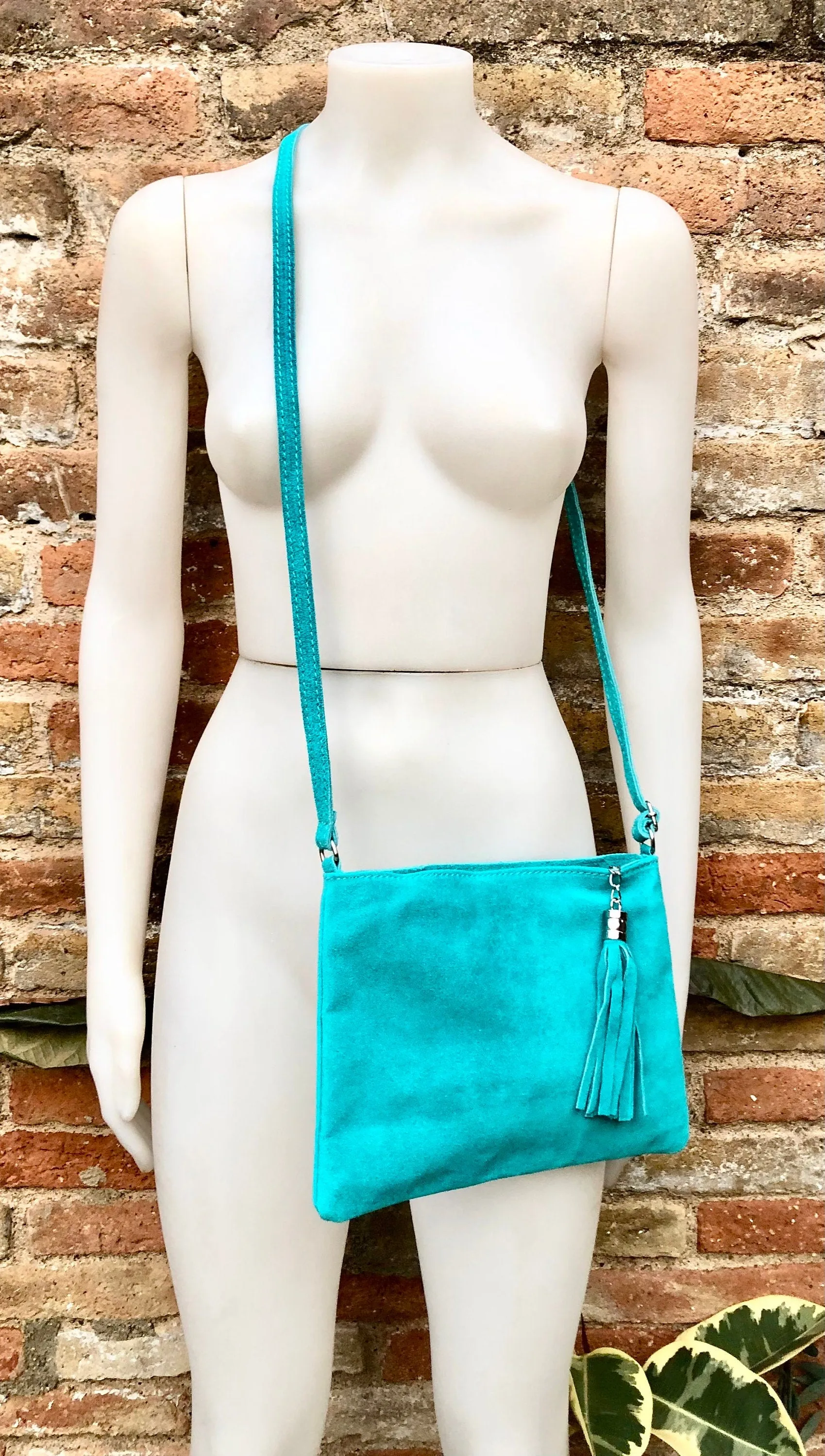 TURQUOISE suede leather bag. GENUINE  leather small crossbody / shoulder bag.Adjustable strap and zipper. Turquoise blue purse with tassel.