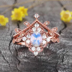 Unique Moonstone Engagement Ring Rose Gold Diamond Bridal Set Antique Art Deco Oval Moonstone Ring