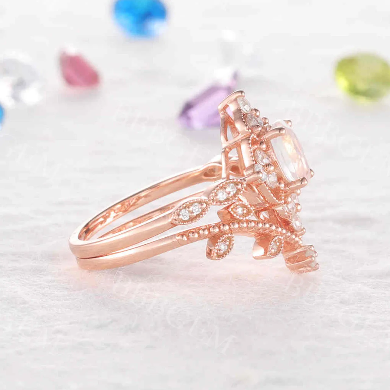 Unique Moonstone Engagement Ring Rose Gold Diamond Bridal Set Antique Art Deco Oval Moonstone Ring