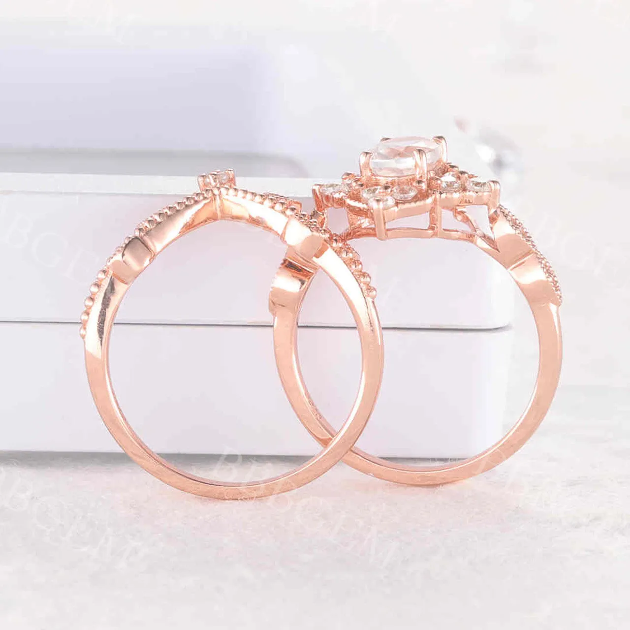 Unique Moonstone Engagement Ring Rose Gold Diamond Bridal Set Antique Art Deco Oval Moonstone Ring