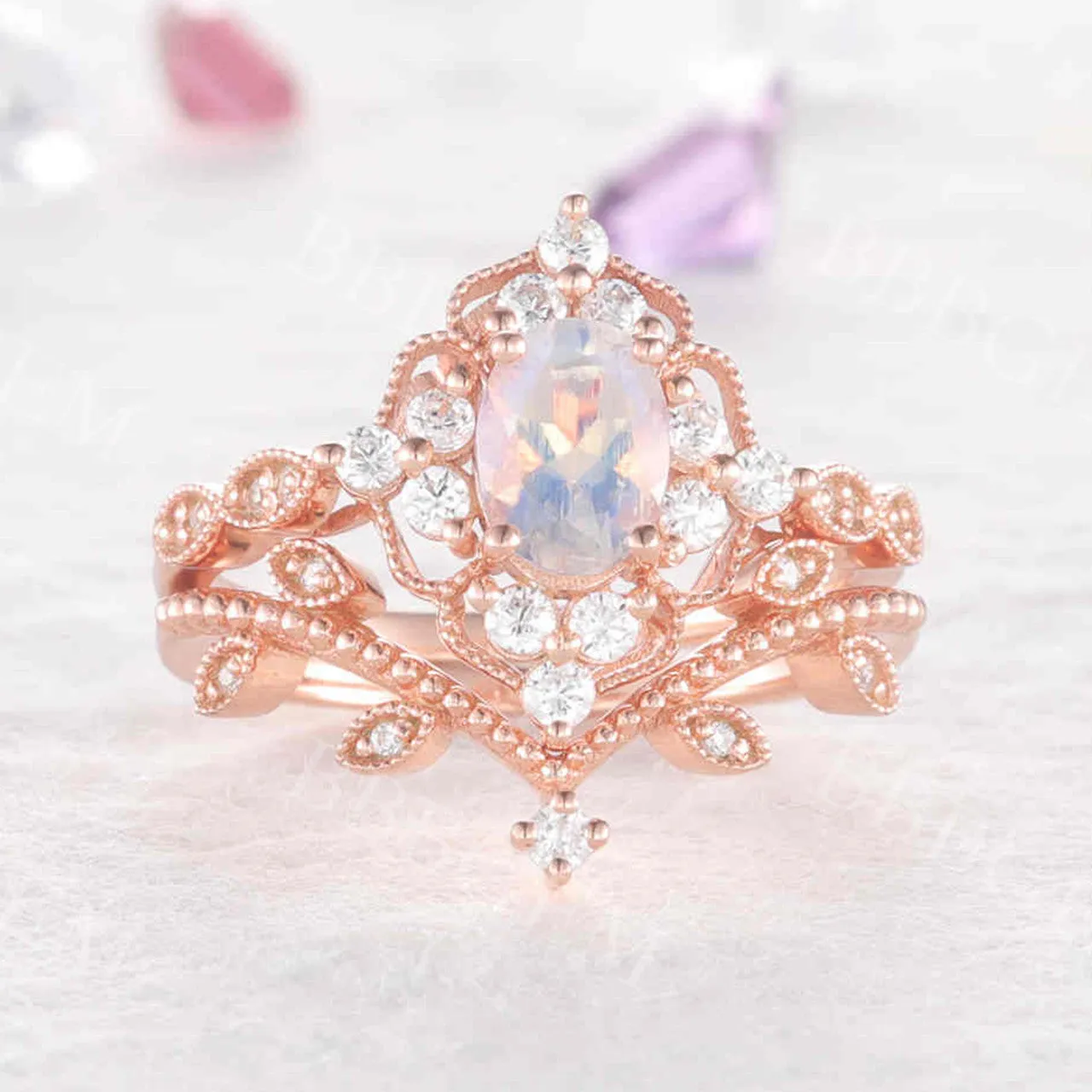 Unique Moonstone Engagement Ring Rose Gold Diamond Bridal Set Antique Art Deco Oval Moonstone Ring