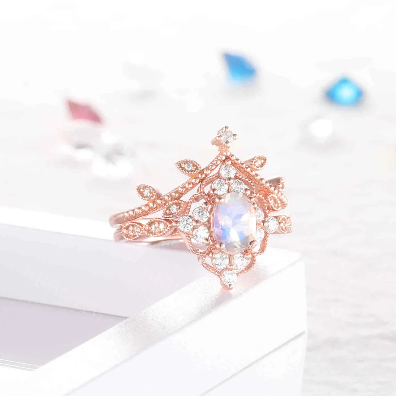 Unique Moonstone Engagement Ring Rose Gold Diamond Bridal Set Antique Art Deco Oval Moonstone Ring