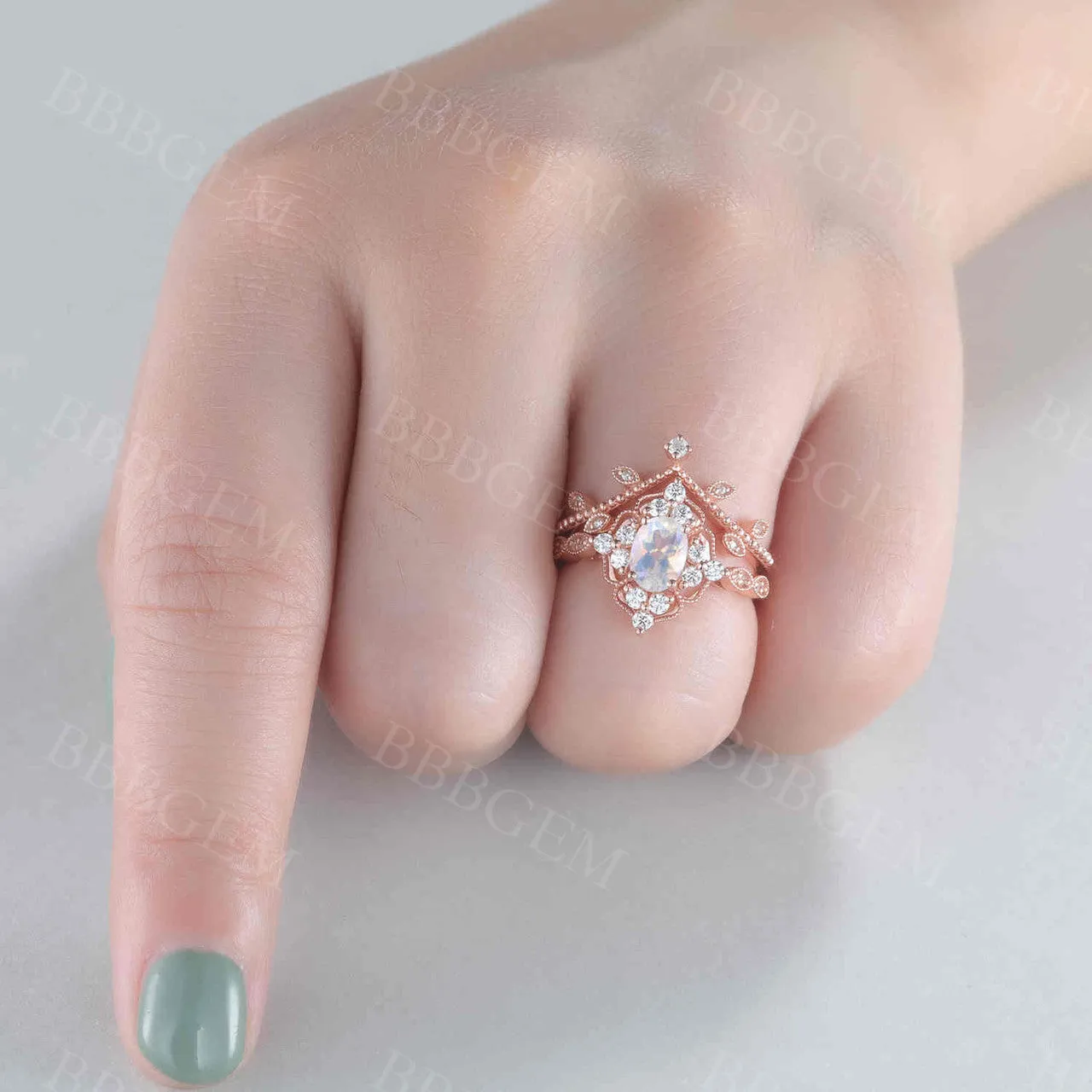 Unique Moonstone Engagement Ring Rose Gold Diamond Bridal Set Antique Art Deco Oval Moonstone Ring