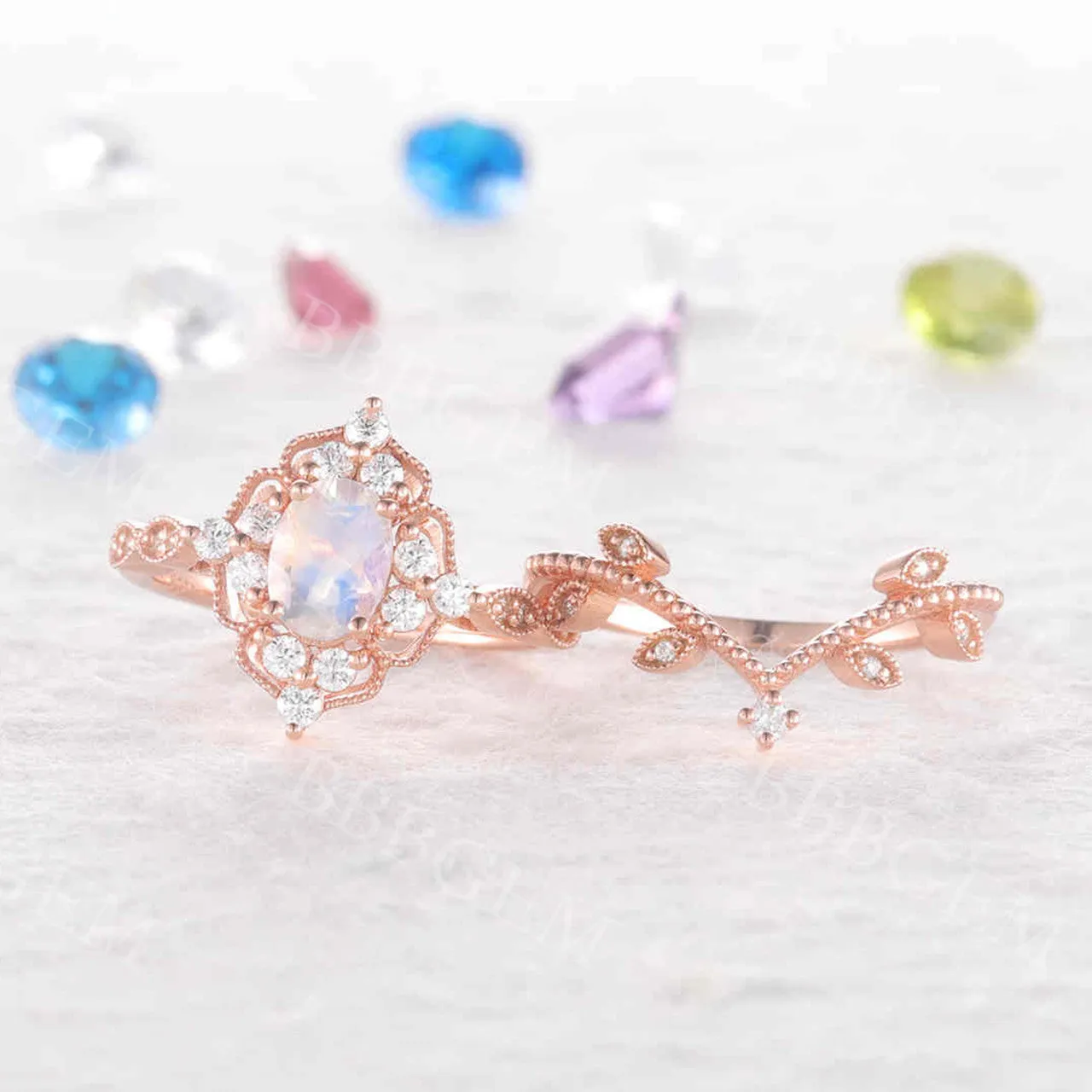 Unique Moonstone Engagement Ring Rose Gold Diamond Bridal Set Antique Art Deco Oval Moonstone Ring