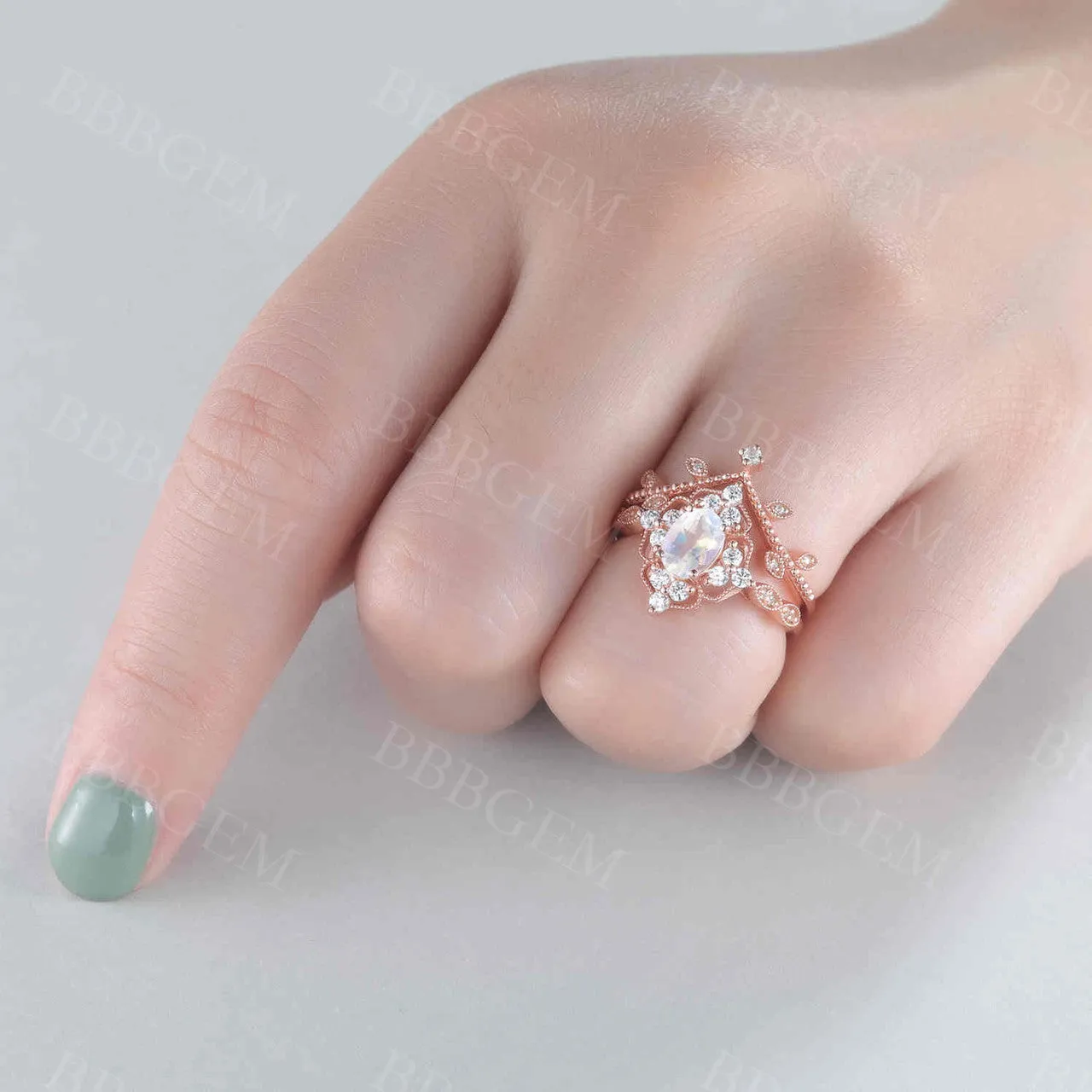 Unique Moonstone Engagement Ring Rose Gold Diamond Bridal Set Antique Art Deco Oval Moonstone Ring