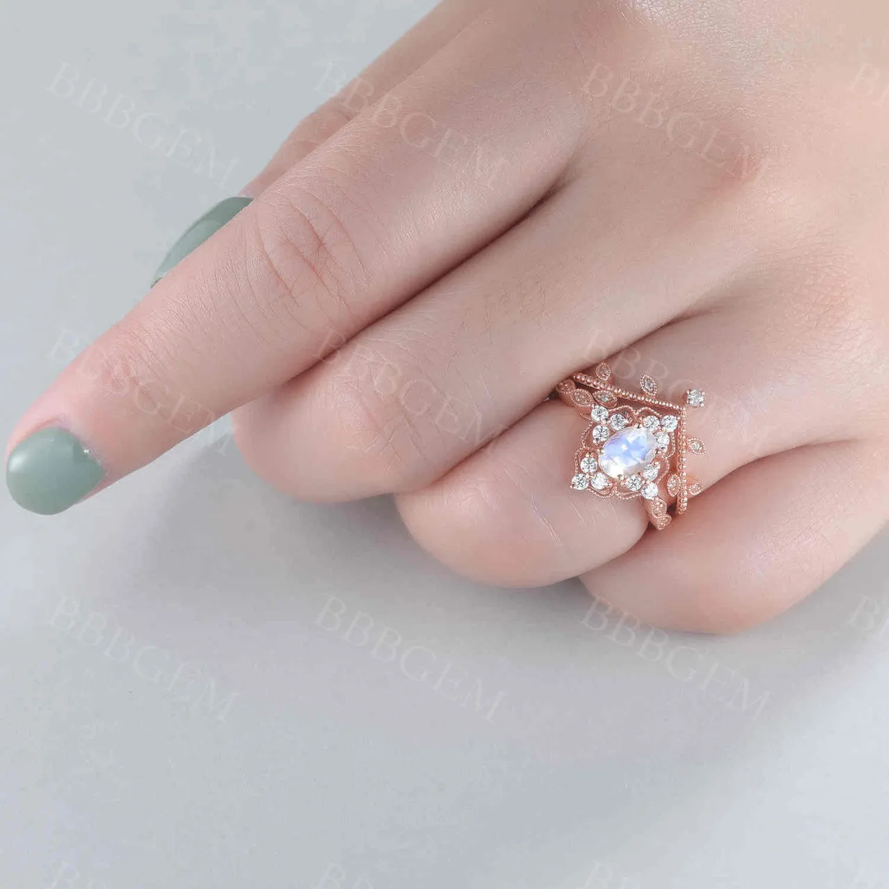 Unique Moonstone Engagement Ring Rose Gold Diamond Bridal Set Antique Art Deco Oval Moonstone Ring