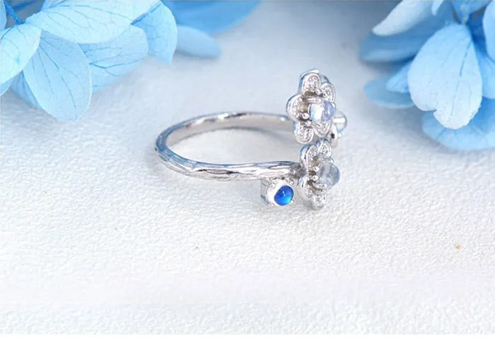 White Gold Plated Silver Blue Moonstone Ring June Birthstone Rings for Women