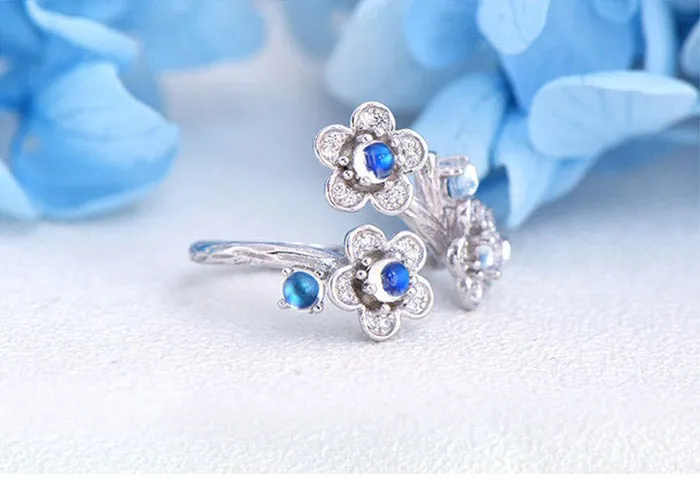 White Gold Plated Silver Blue Moonstone Ring June Birthstone Rings for Women