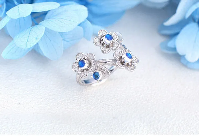 White Gold Plated Silver Blue Moonstone Ring June Birthstone Rings for Women