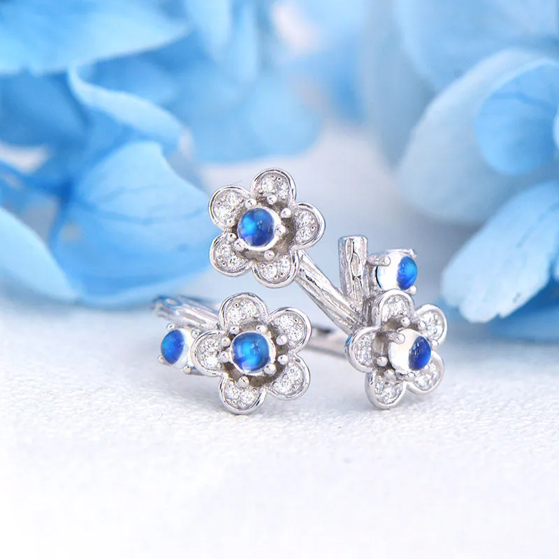White Gold Plated Silver Blue Moonstone Ring June Birthstone Rings for Women