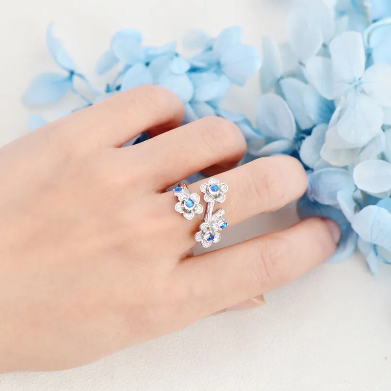 White Gold Plated Silver Blue Moonstone Ring June Birthstone Rings for Women