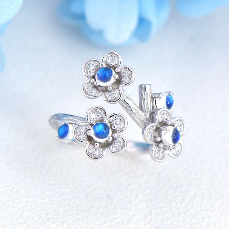 White Gold Plated Silver Blue Moonstone Ring June Birthstone Rings for Women