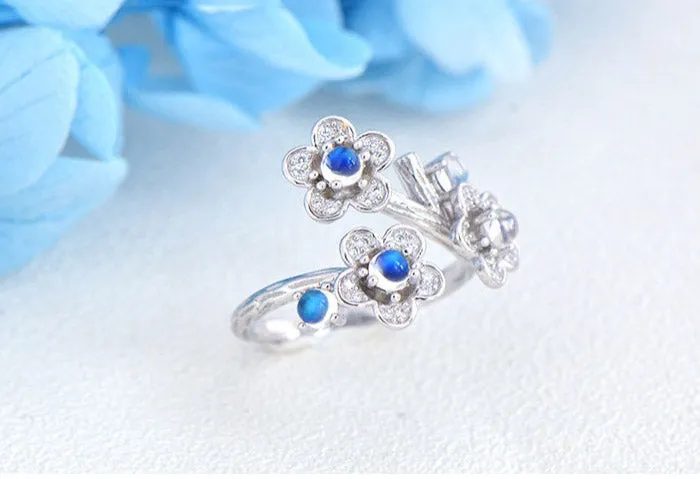 White Gold Plated Silver Blue Moonstone Ring June Birthstone Rings for Women