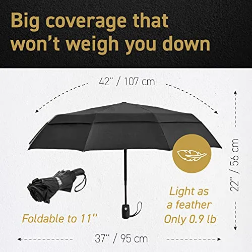 Windproof Travel Umbrella- Double Vented - Auto - Black